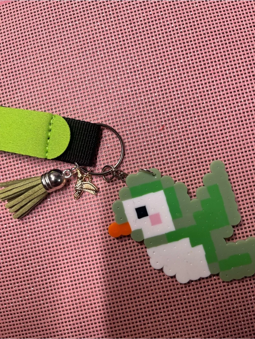Green Pixel Bird Keychain with Tassel - Kids Accessory